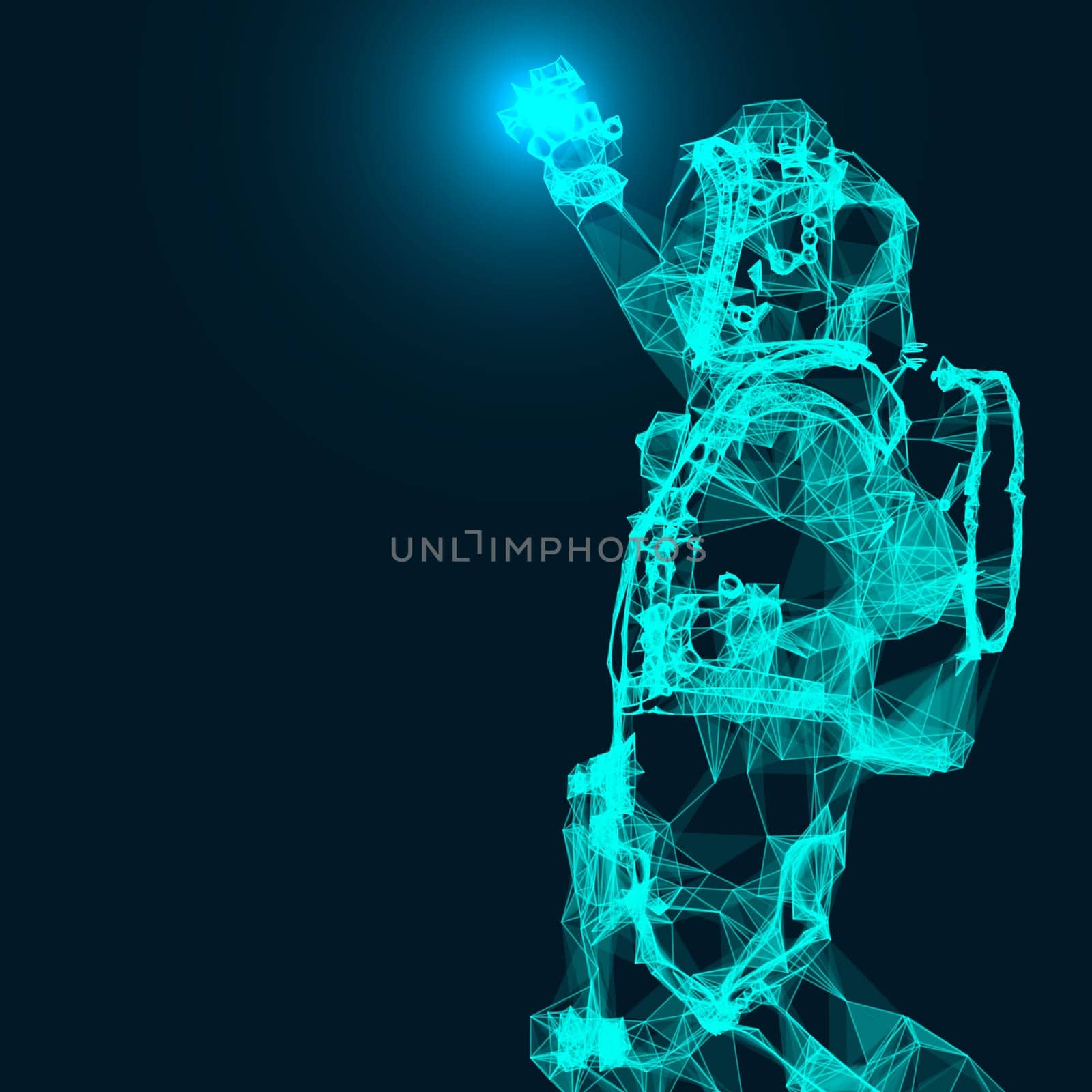Abstract illustration of an astronaut. Connection linear shapes with many dots. Vector space wireframe concept.