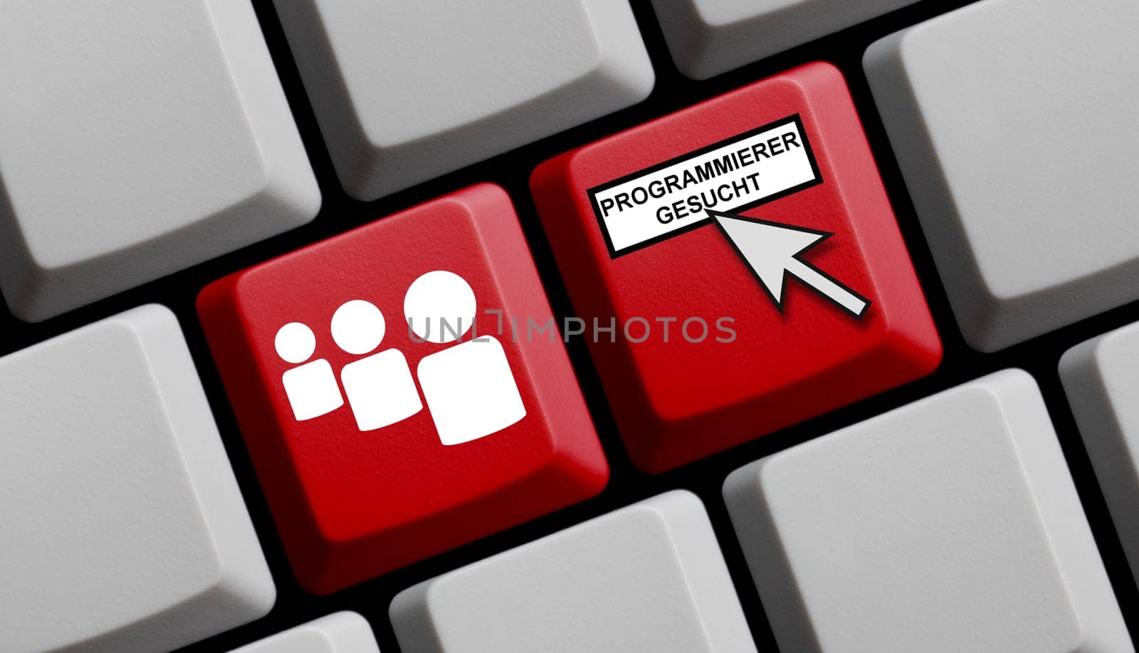 Red computer keyboard: Programmer wanted in german language 3D illustration