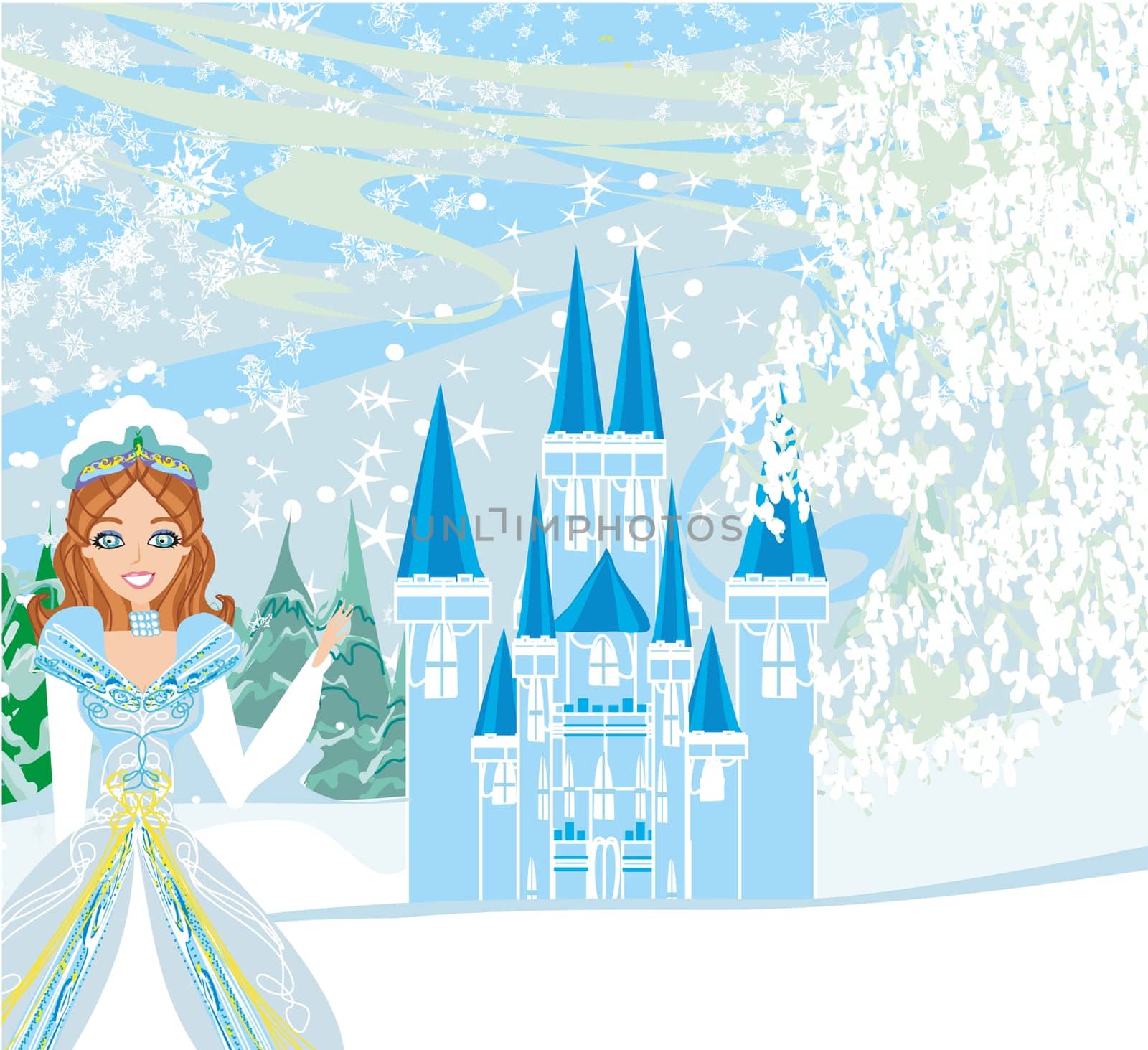Winter landscape with castle and beauty queen