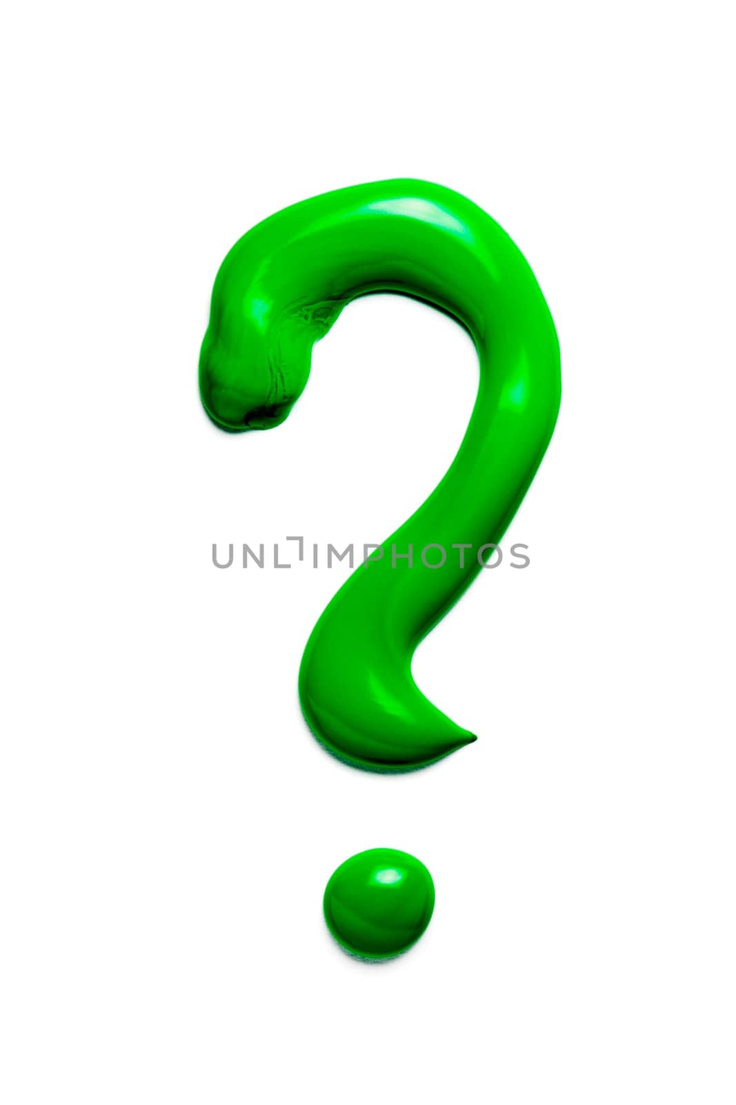 Close-up of a green question mark made of green pasty acrylic paint on a white background.