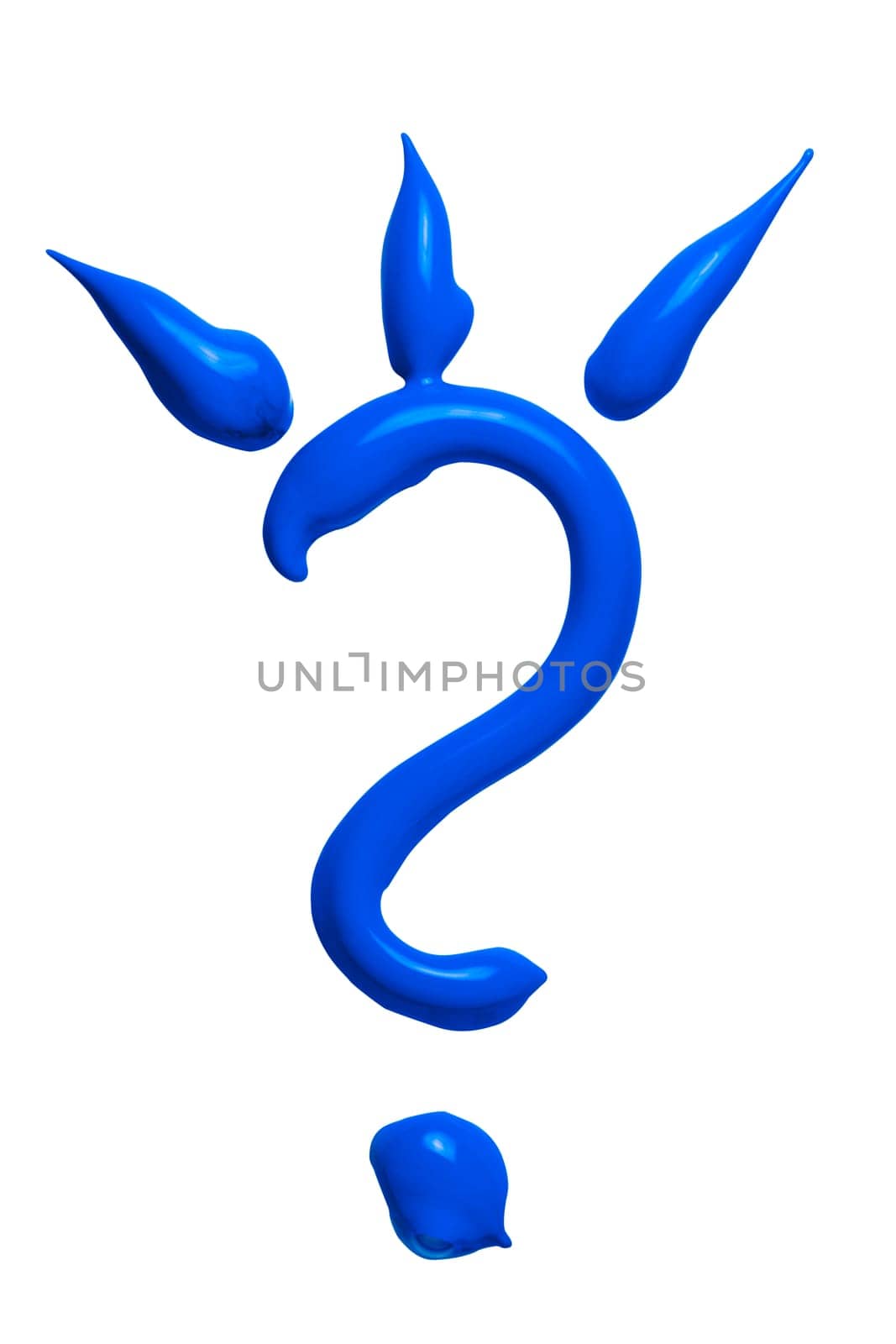 Close-up of a blue question mark with three rays made of green paste acrylic paint on a white background.