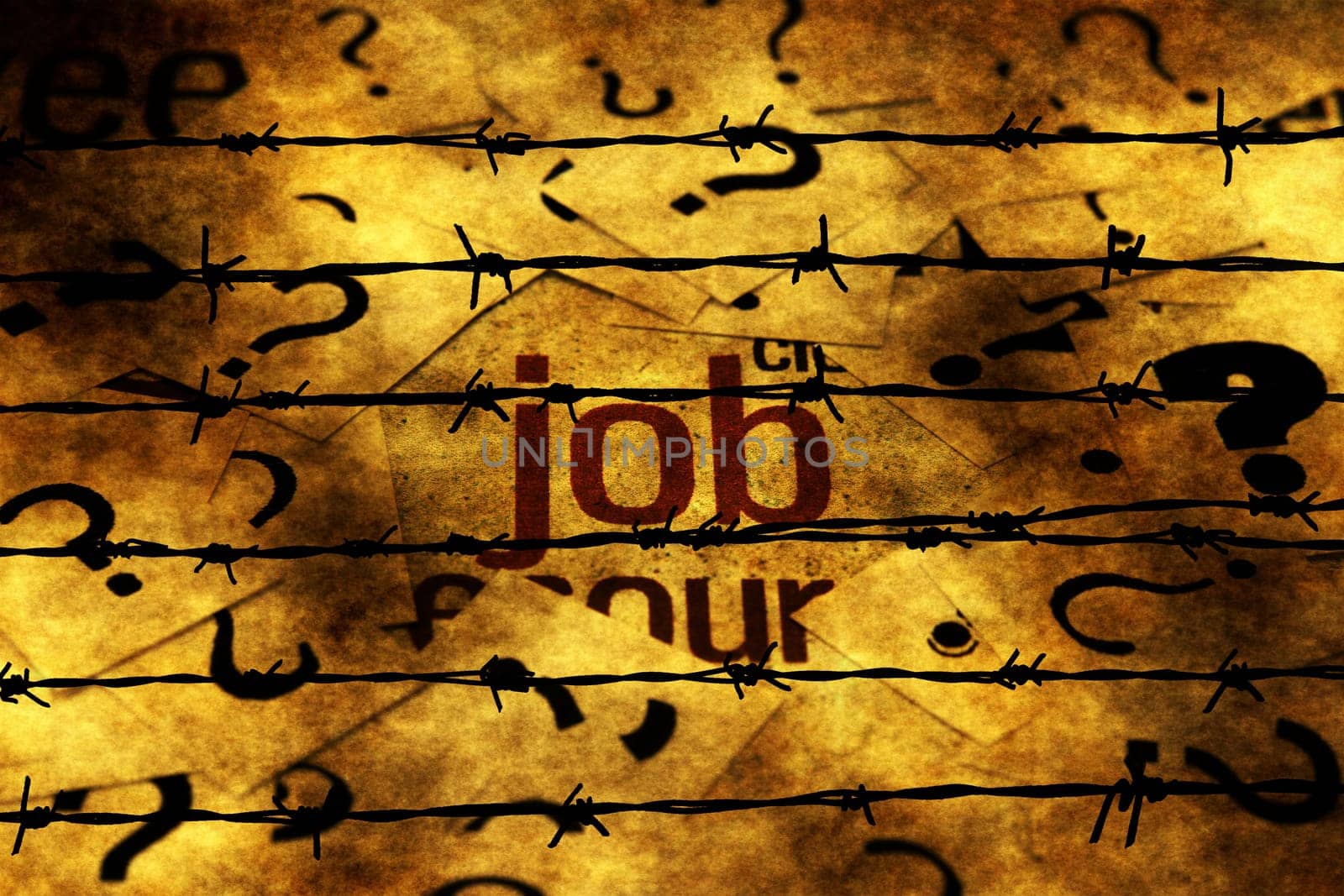 Job and question marks against barbwire