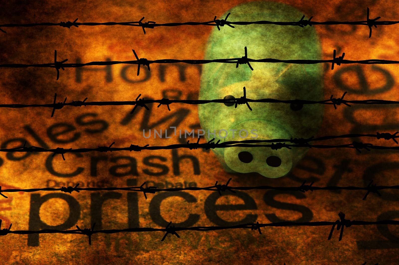 Piggy bank and prices text against barbwire