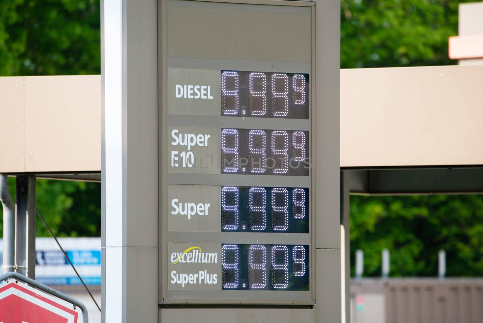 Display with the fuel prices for diesel and petrol, increasing costs, inflation at the gas station