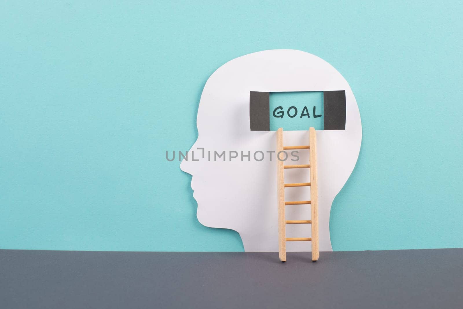 Silhouette of a man, window to the brain with the word goal, ladder of success, open minded, brainstorming for business ideas