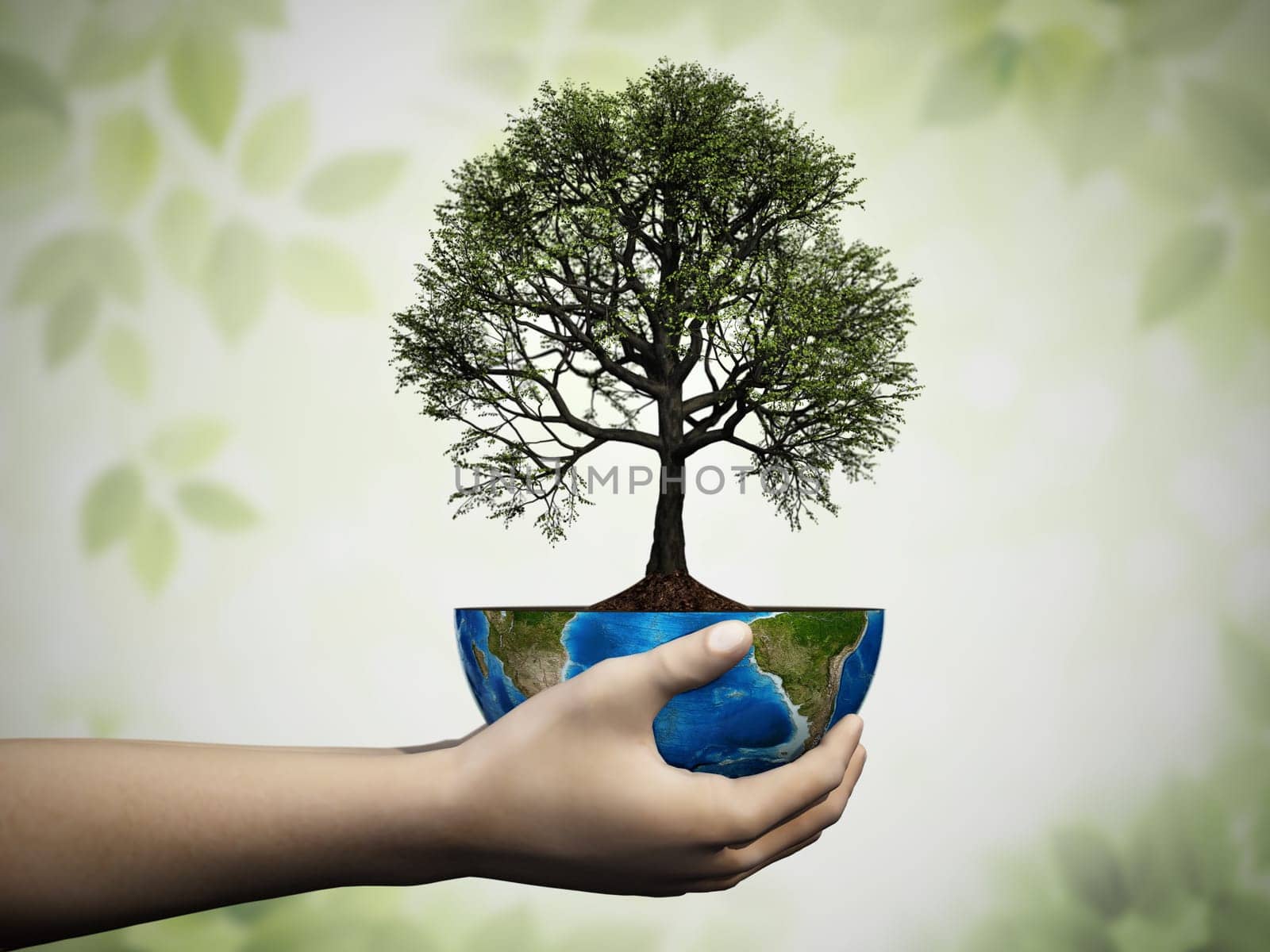 Hands holding an oak tree planted on a globe. Sustainability concept. 3D illustration.