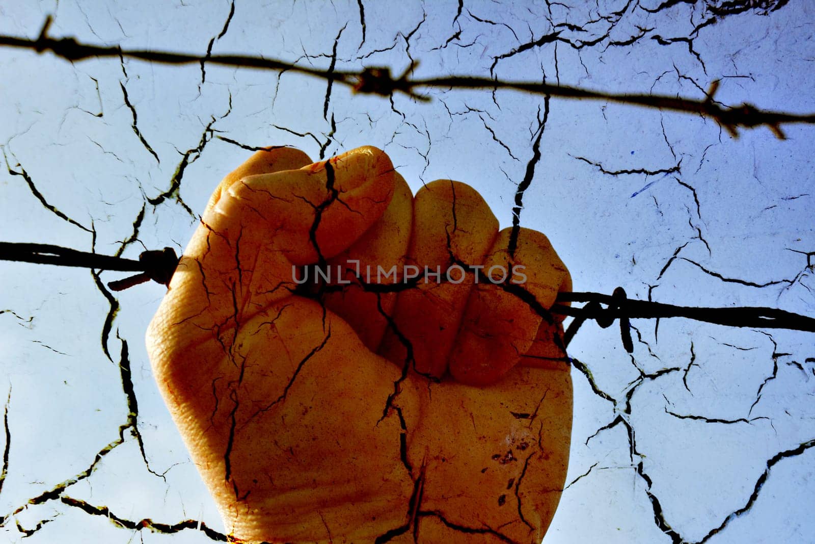 Hand on rusty barbwire