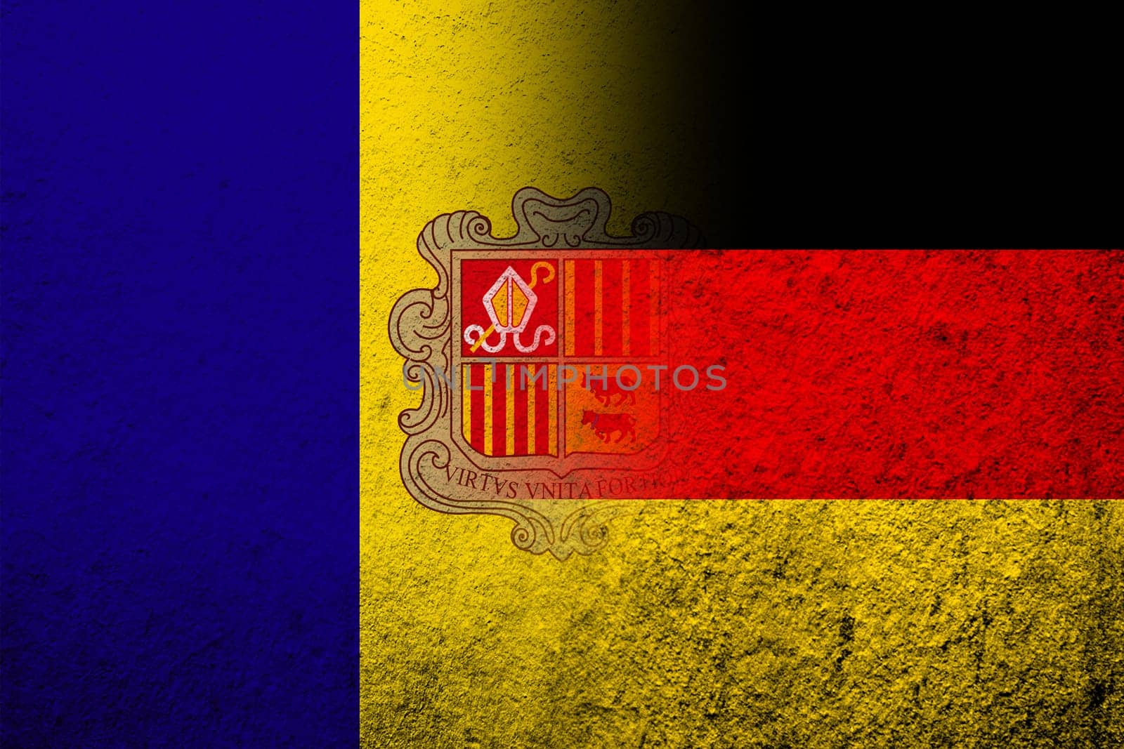The national flag of Germany with Andorra national flag. Grunge background