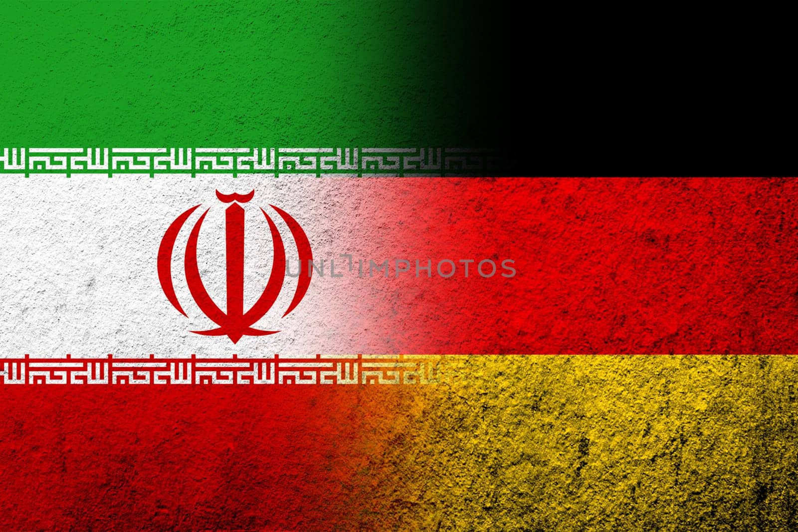 The national flag of Germany with  Iran National flag. Grunge background