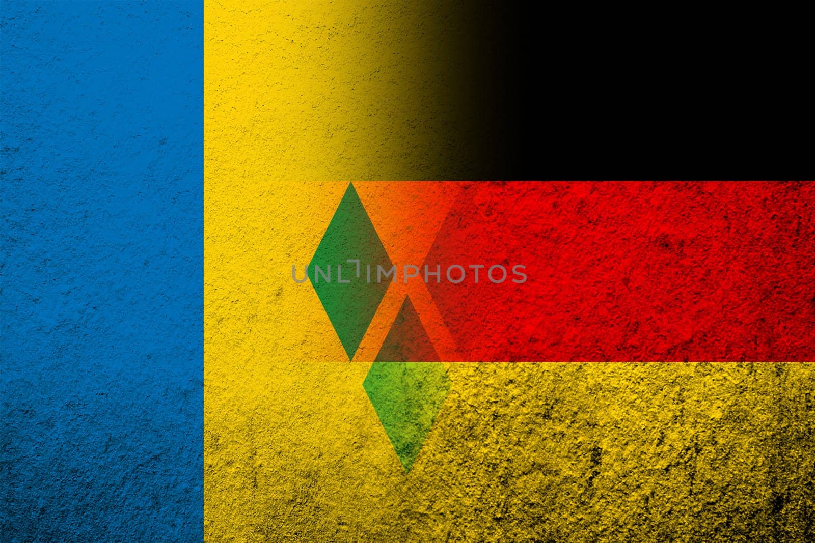 The national flag of Germany with National flag of Saint Vincent and the Grenadines. Grunge background