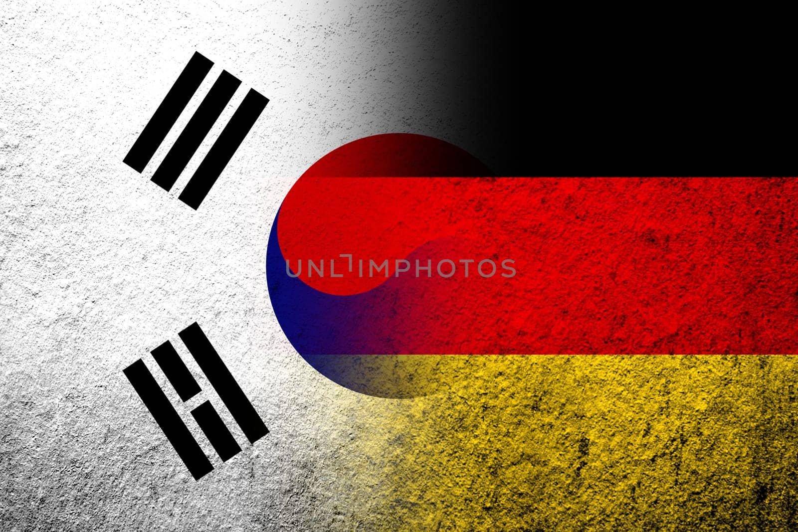 The national flag of Germany with National flag of South Korea. Grunge background