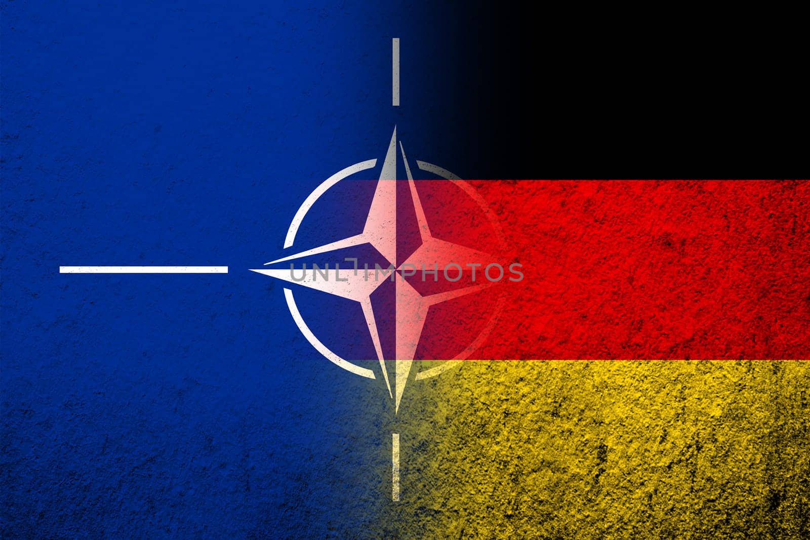 The national flag of Germany with Flag of North Atlantic Alliance NATO. Grunge background