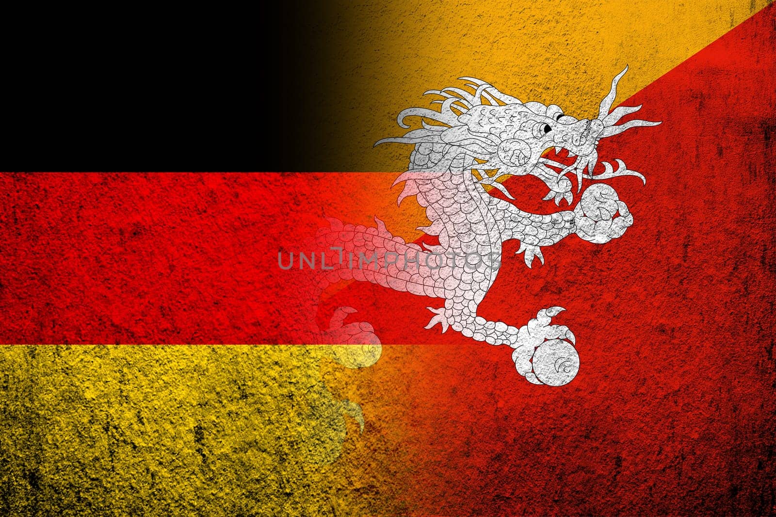The national flag of Germany with Kingdom of Bhutan National flag. Grunge background
