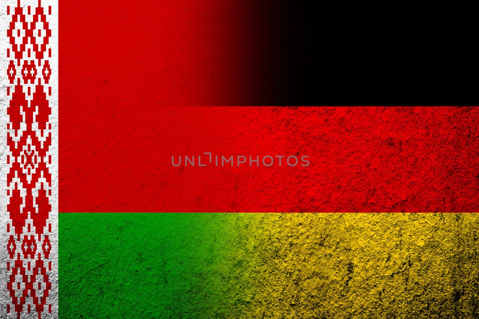 The national flag of Germany with Republic of Belarus National flag. Grunge background