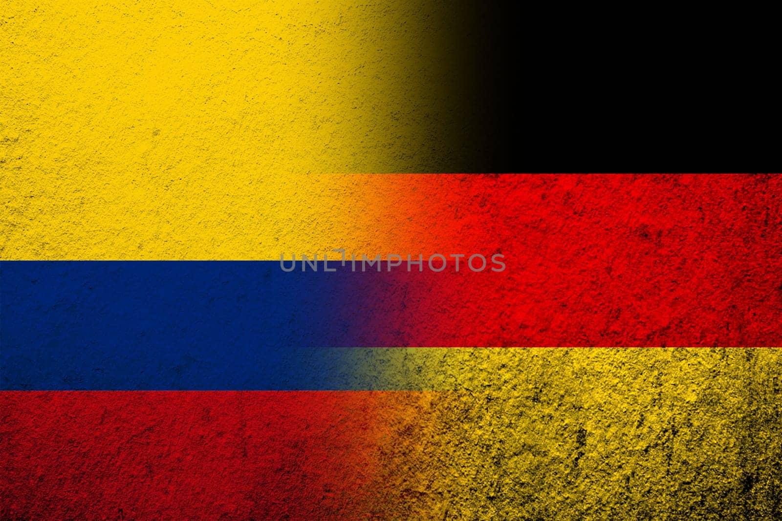 The national flag of Germany with National flag of Colombia. Grunge background