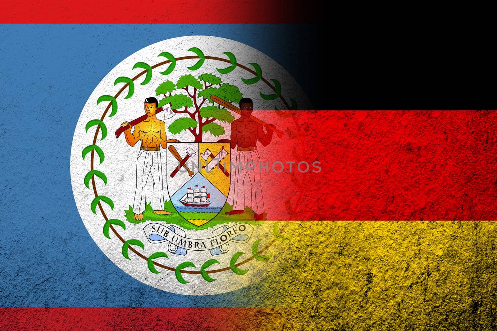 The national flag of Germany with National flag of Belize. Grunge background
