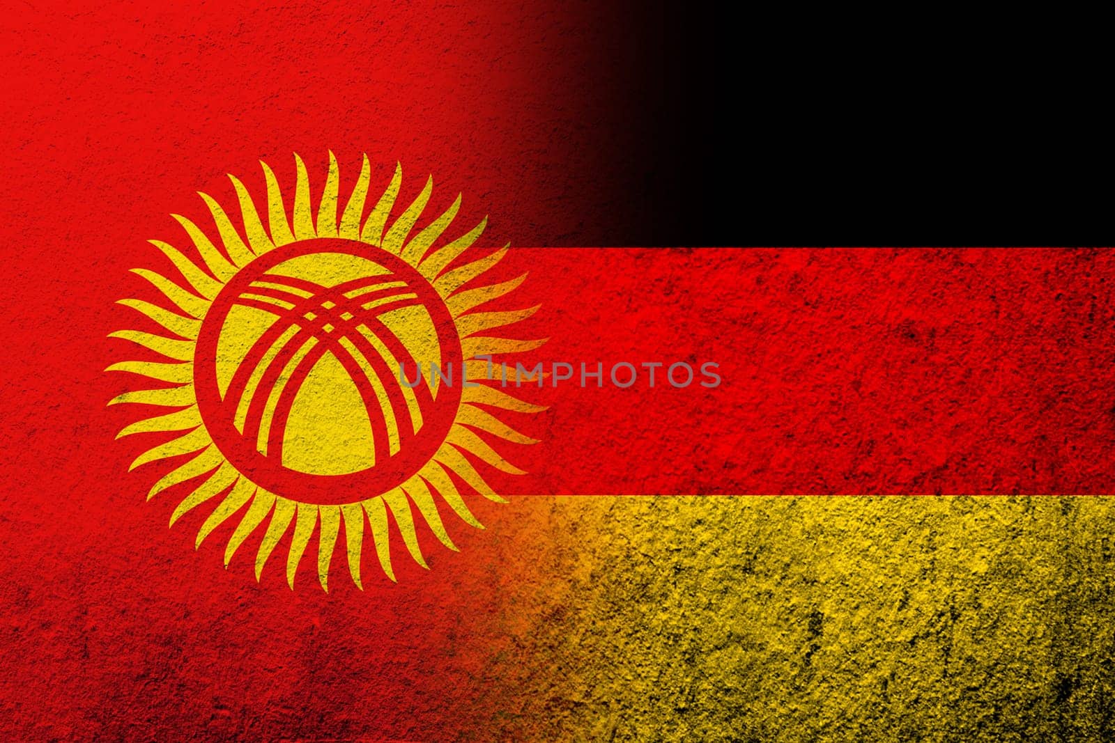 The national flag of Germany with The Kyrgyz Republic Kyrgyzstan National flag. Grunge background