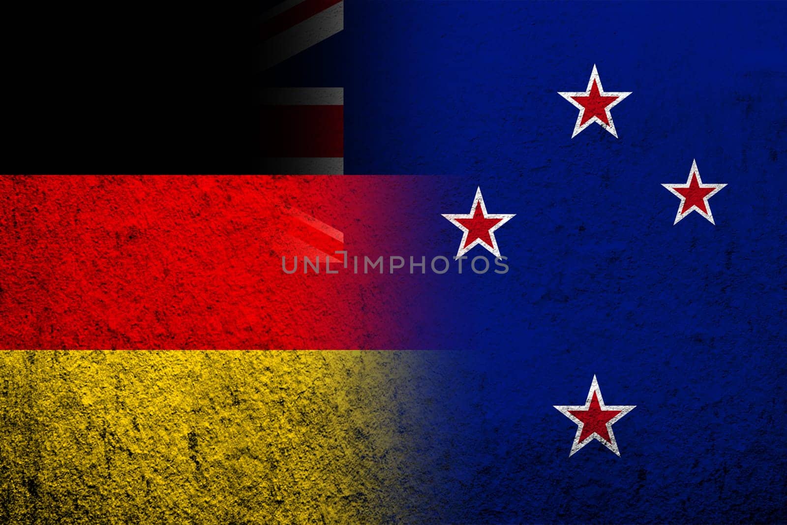 The national flag of Germany with National flag of New Zealand. Grunge background