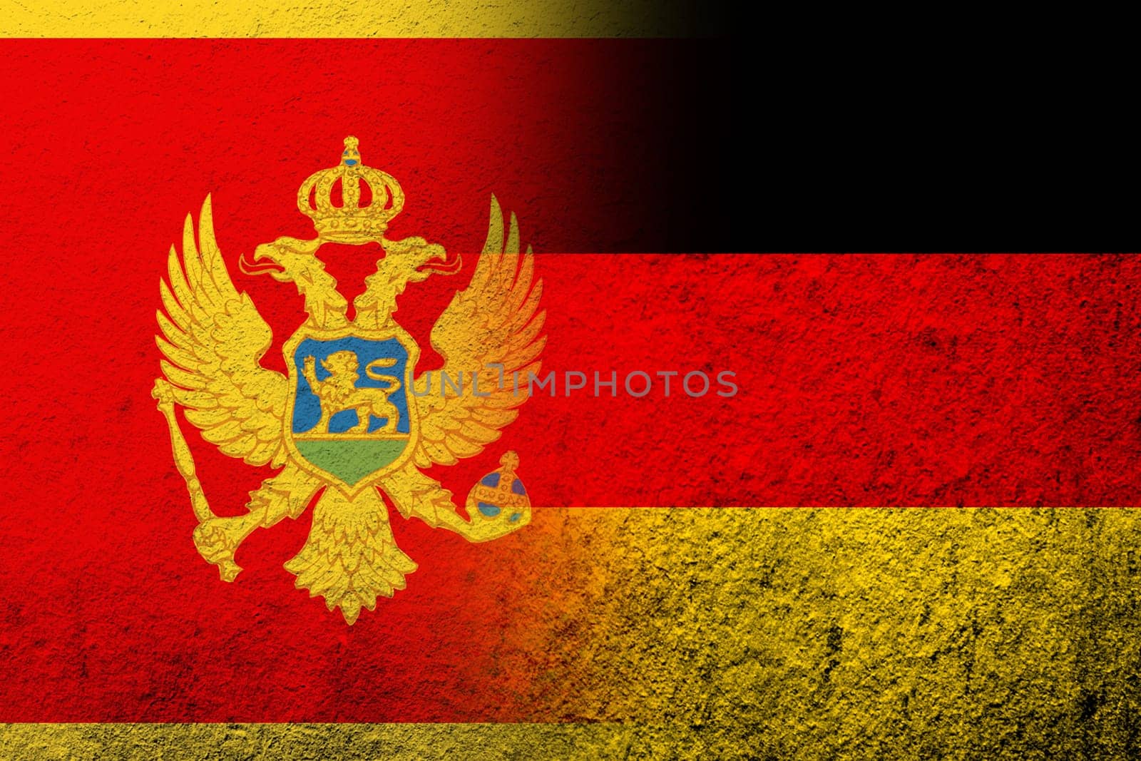 The national flag of Germany with National flag of Montenegro. Grunge background