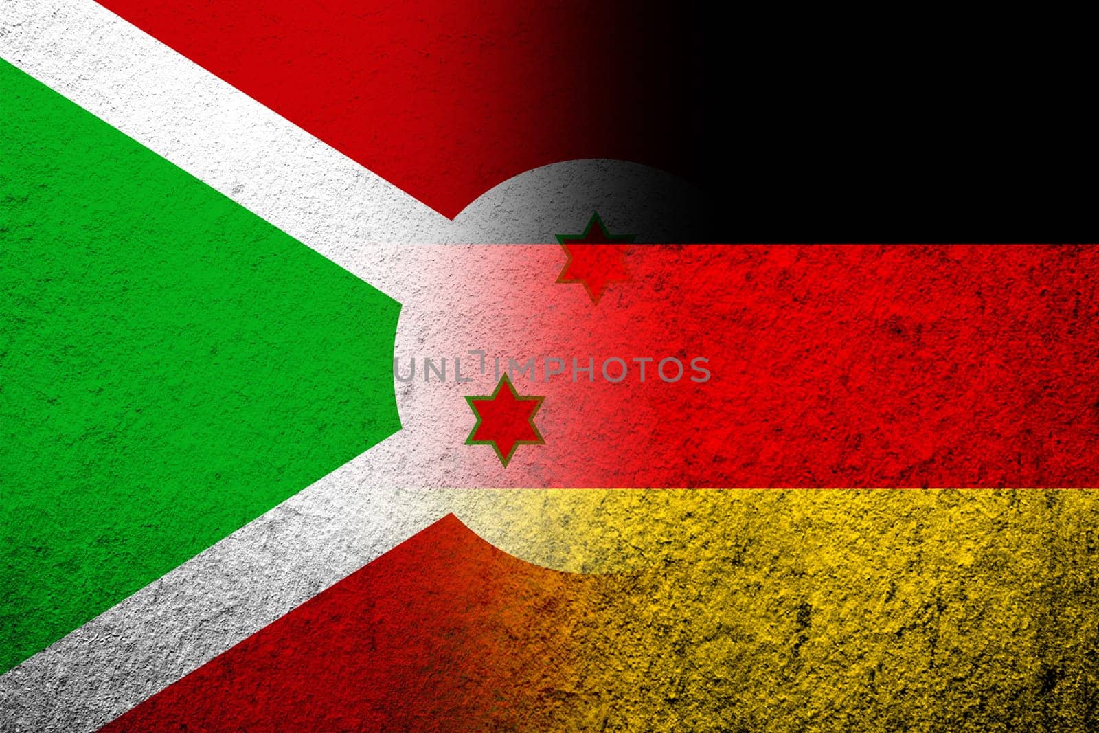 The national flag of Germany with The Republic of Burundi National flag. Grunge background