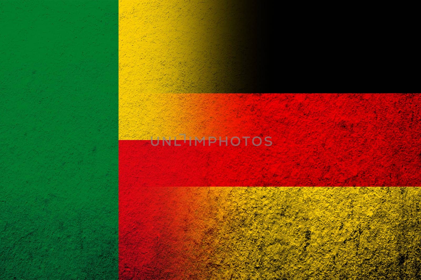 The national flag of Germany with Republic of Benin National flag. Grunge background