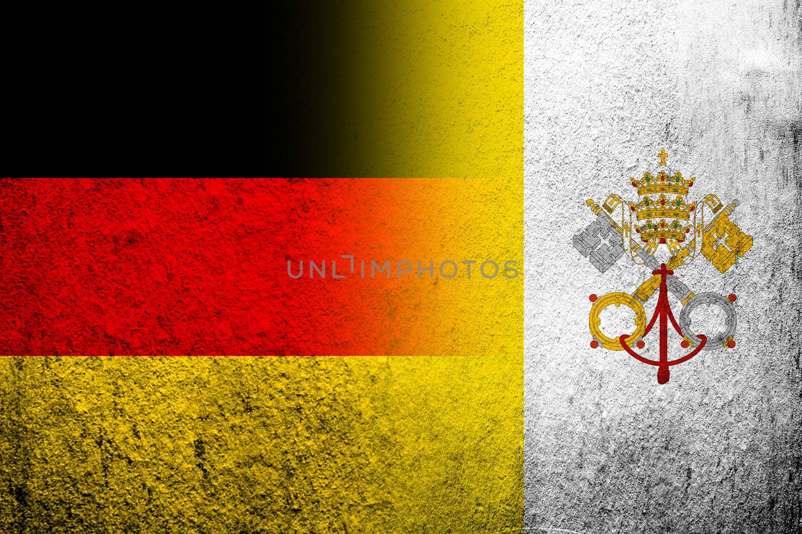 The national flag of Germany with National flag of Vatican City State. Grunge background
