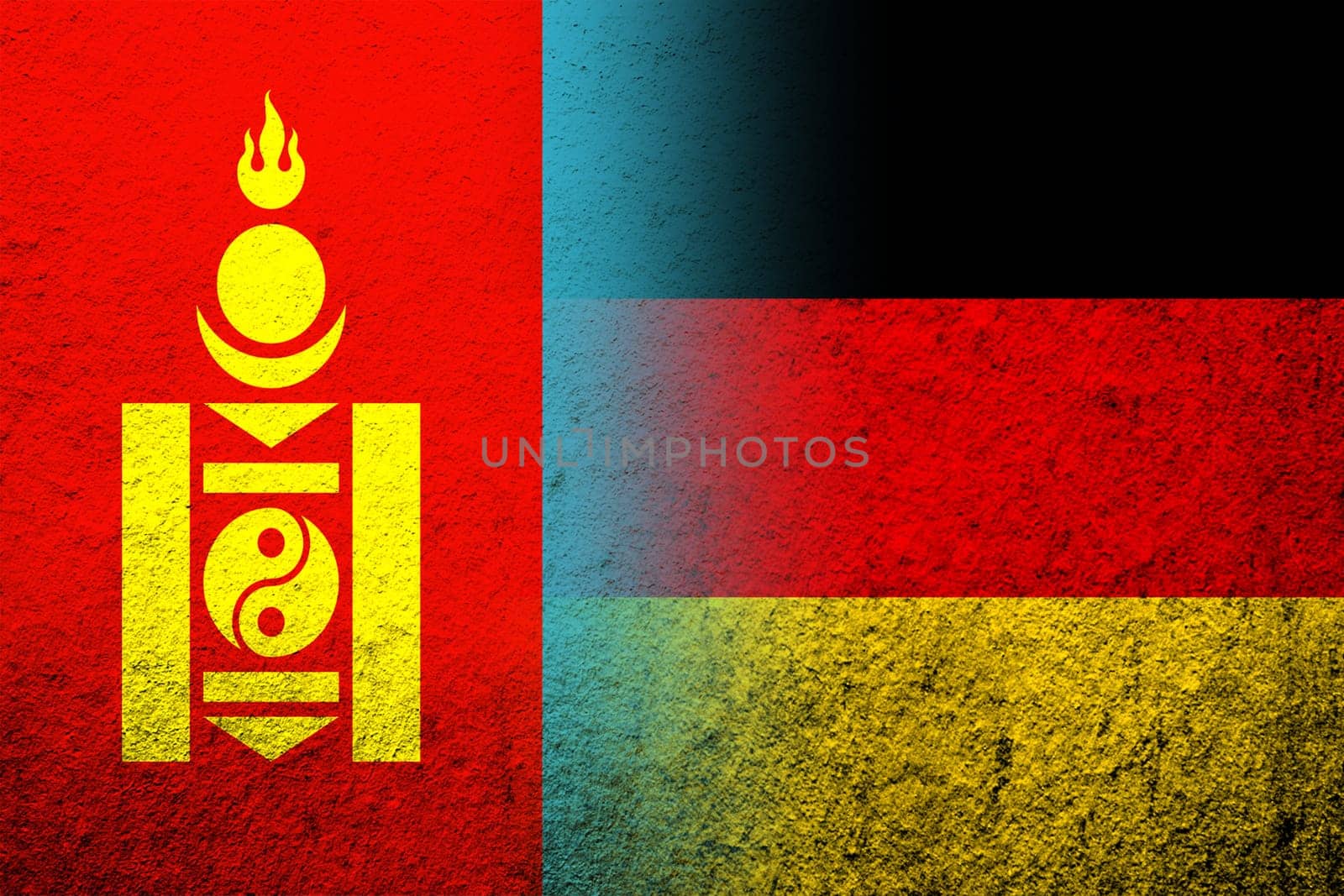 The national flag of Germany with National flag of Mongolia. Grunge background