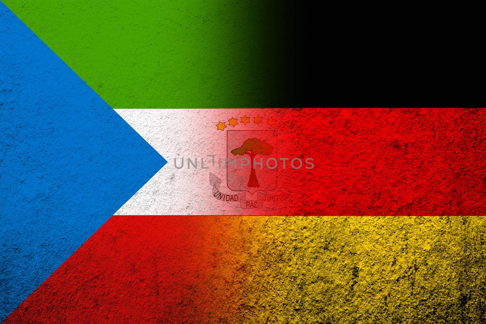 The national flag of Germany with The Republic of Equatorial Guinea National flag. Grunge background