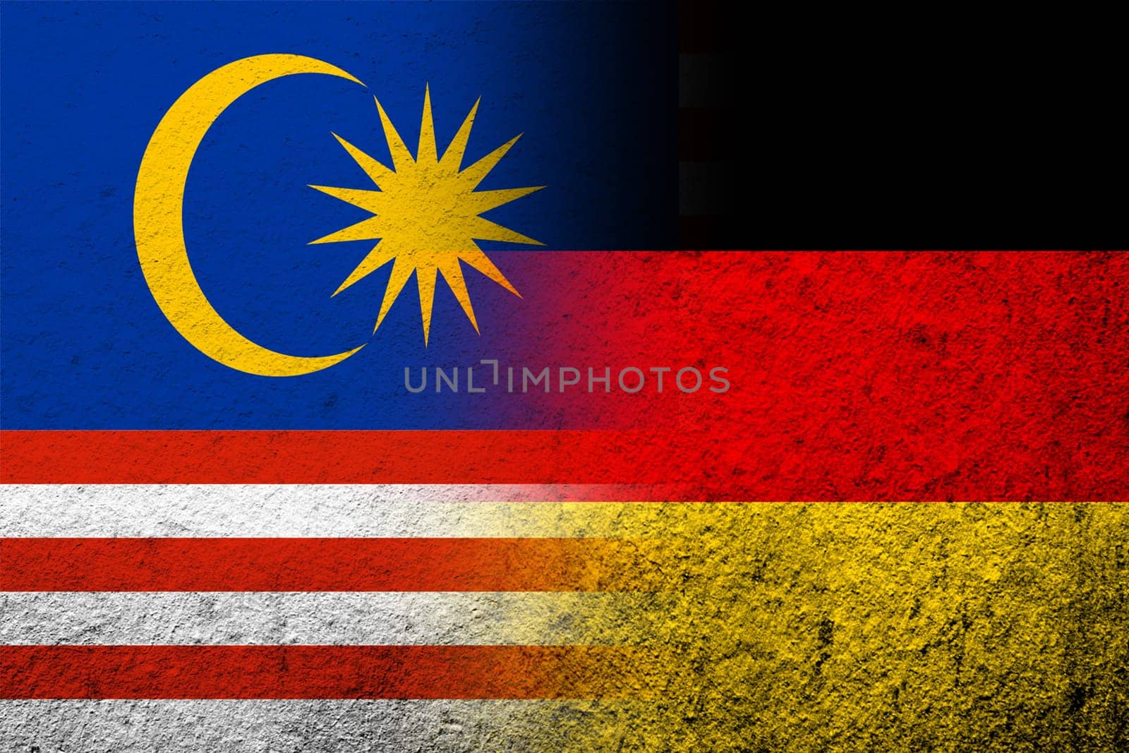 The national flag of Germany with National flag of Malaysia. Grunge background