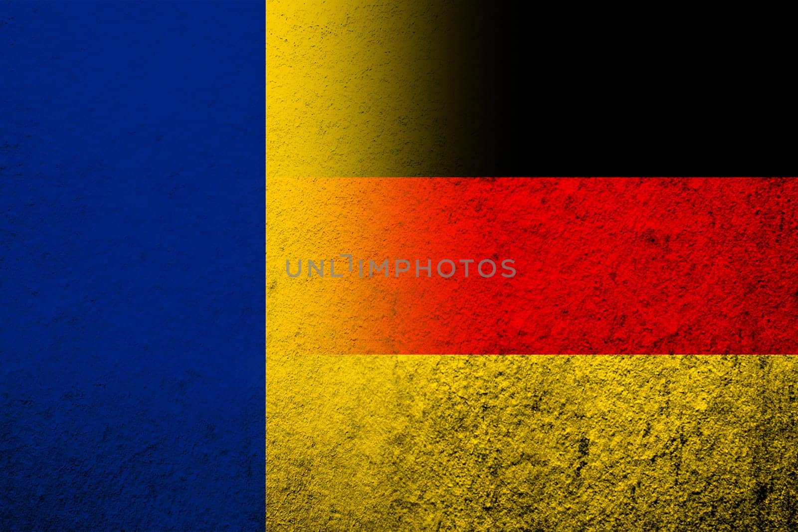 The national flag of Germany with National flag of Romania. Grunge background