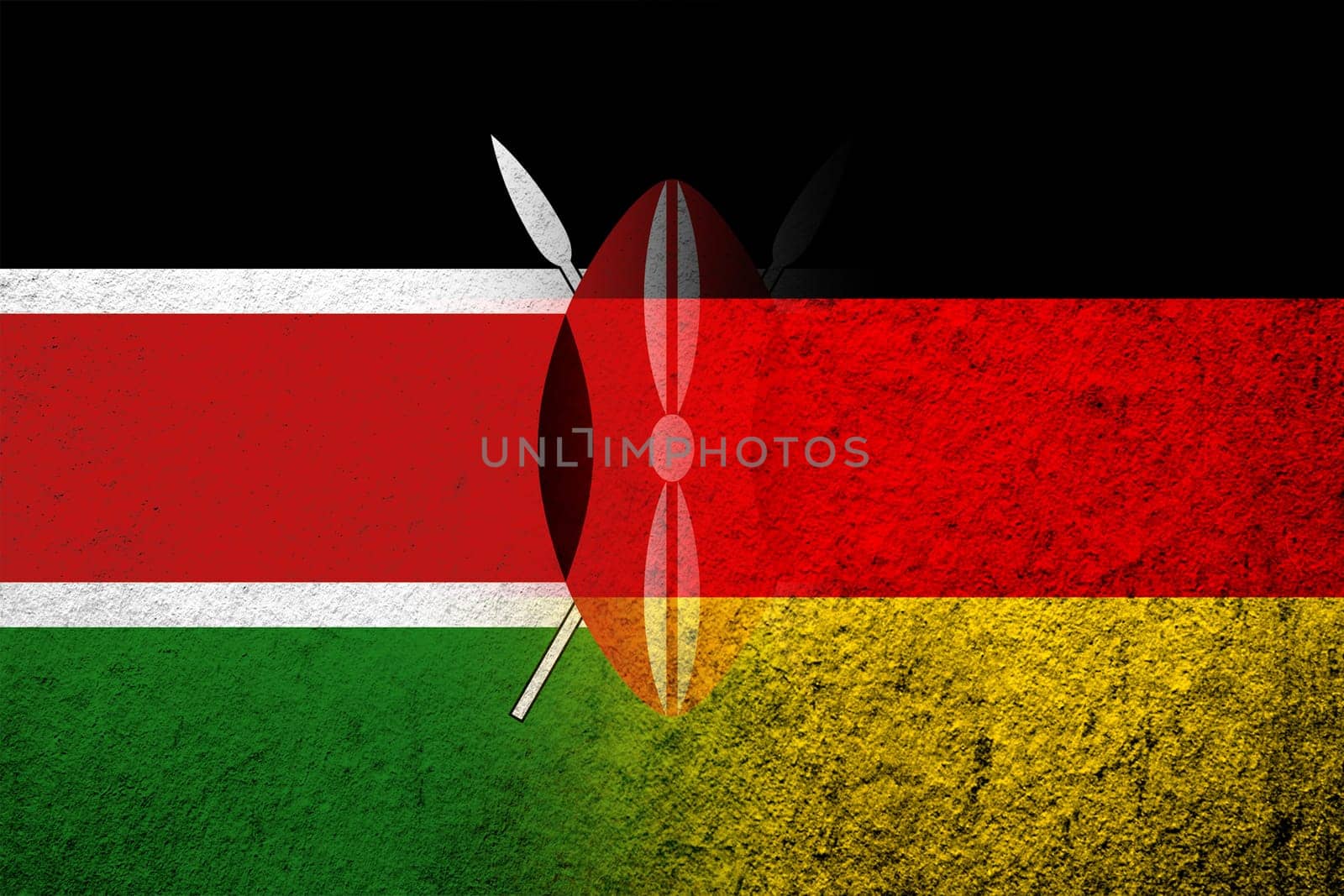 The national flag of Germany with The Republic of Kenya National flag. Grunge background