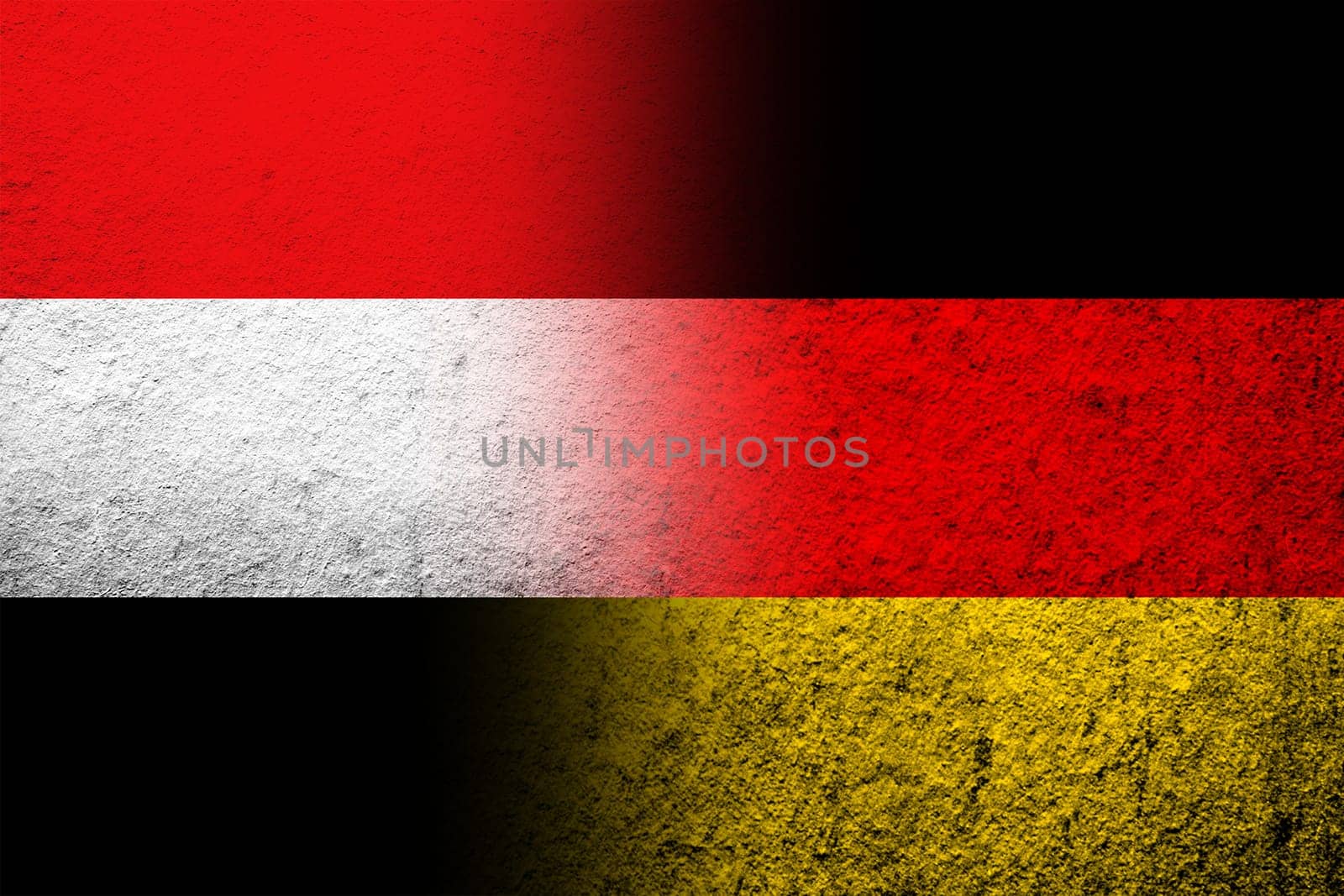 The national flag of Germany with National flag of Yemen. Grunge background