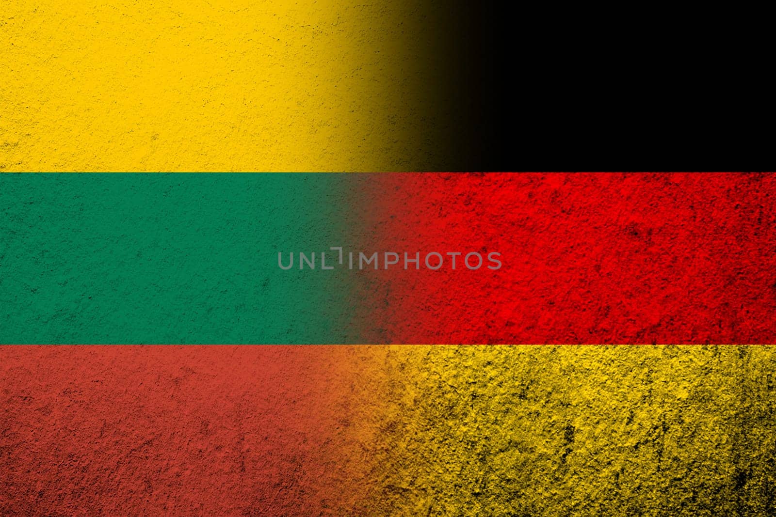 The national flag of Germany with The Republic of Lithuania National flag. Grunge background