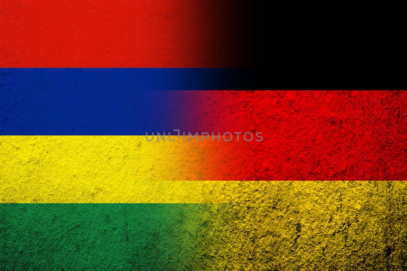 The national flag of Germany with The Republic of Mauritius National flag. Grunge background