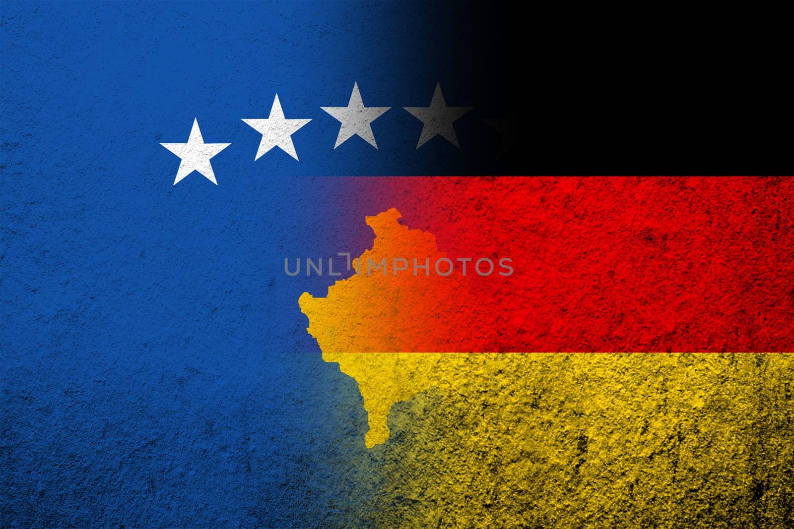 The national flag of Germany with The Republic of Kosovo National flag. Grunge background