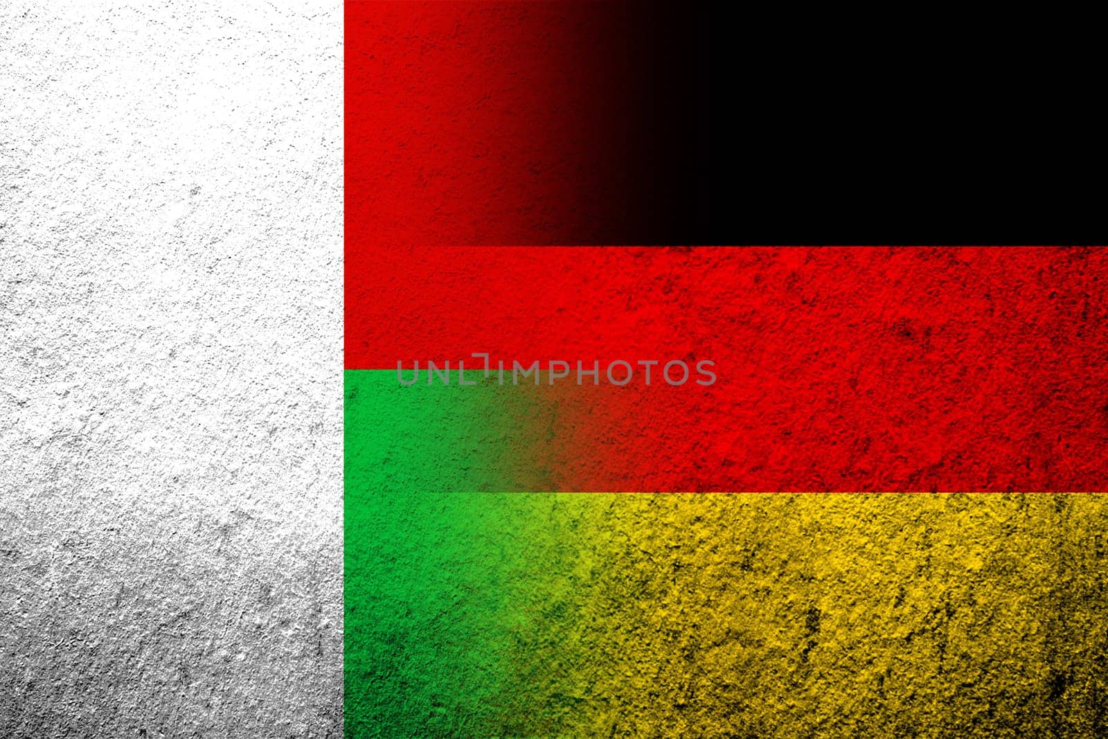 The national flag of Germany with The Republic of Madagascar National flag. Grunge background