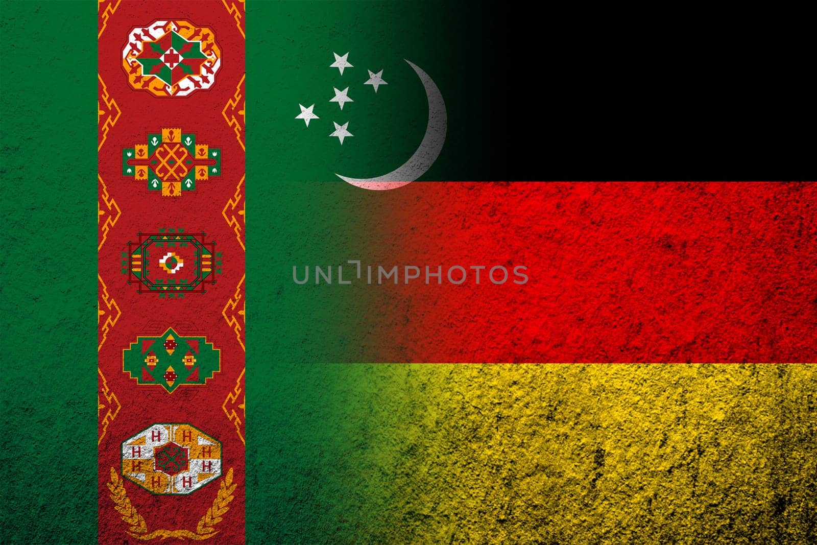 The national flag of Germany with The Republic of Turkmenistan National flag. Grunge background