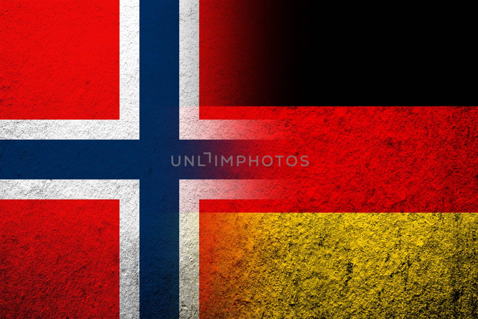 The national flag of Germany with The Kingdom of Norway national flag. Grunge background
