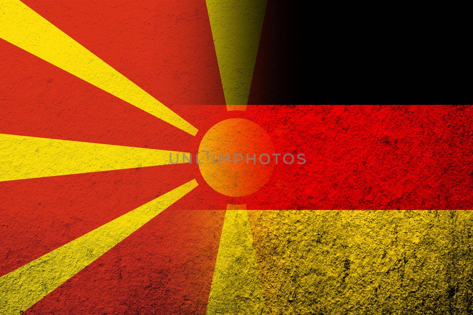 The national flag of Germany with The Republic of Macedonia National flag. Grunge background