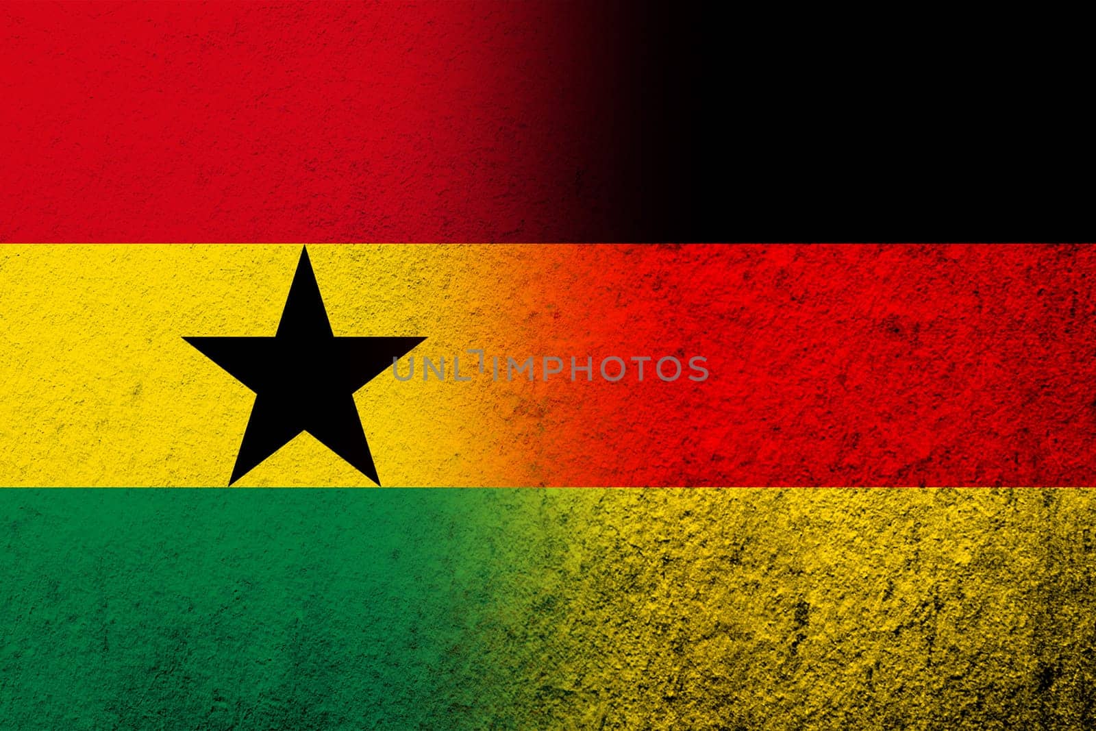 The national flag of Germany with The Republic of Ghana National flag. Grunge background