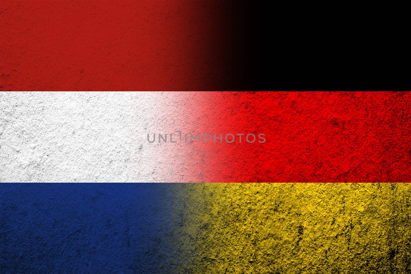 The national flag of Germany with The Kingdom of the Netherlands National flag. Grunge background