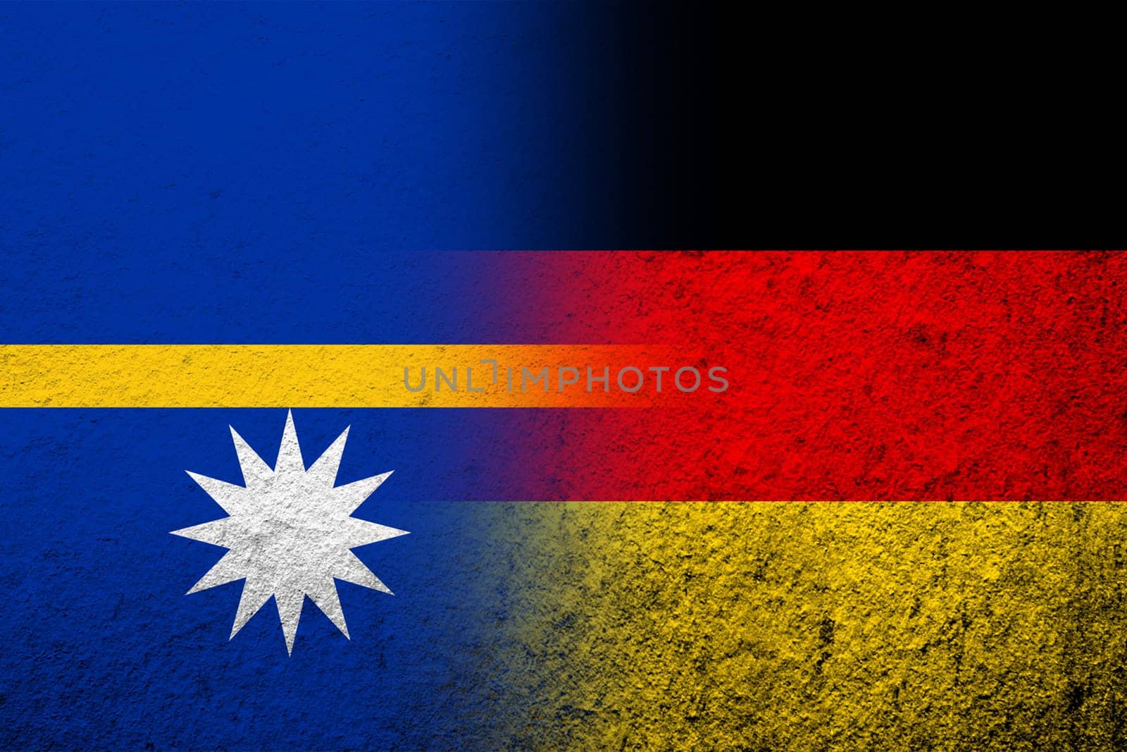 The national flag of Germany with The Republic of Nauru Pleasant Island National flag. Grunge background