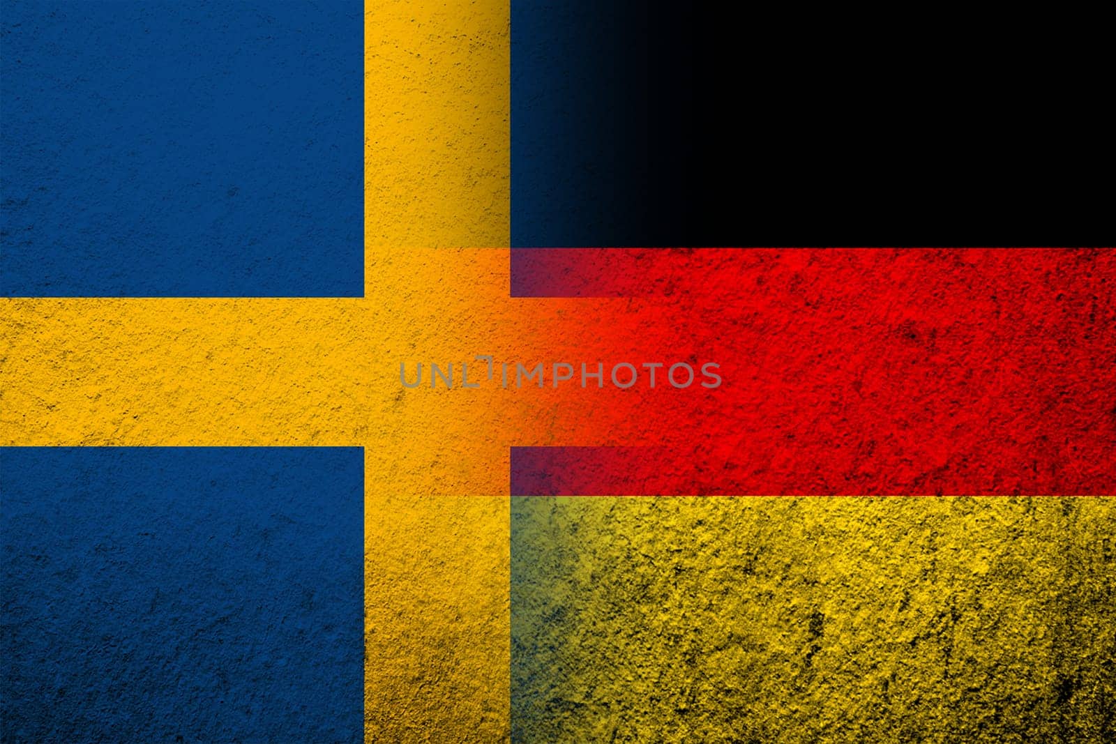 The national flag of Germany with The Kingdom of Sweden national flag. Grunge background