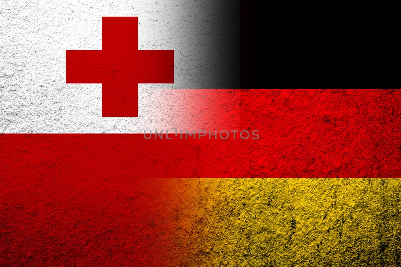 The national flag of Germany with The Kingdom of Tonga National flag. Grunge background