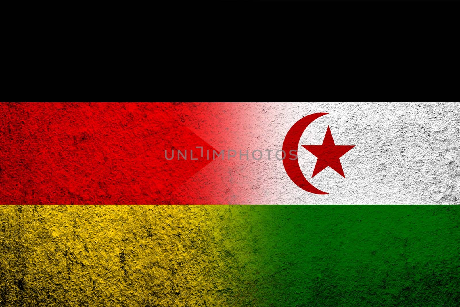 The national flag of Germany with the Sahrawi Arab Democratic Republic Western Sahara national flag. Grunge background