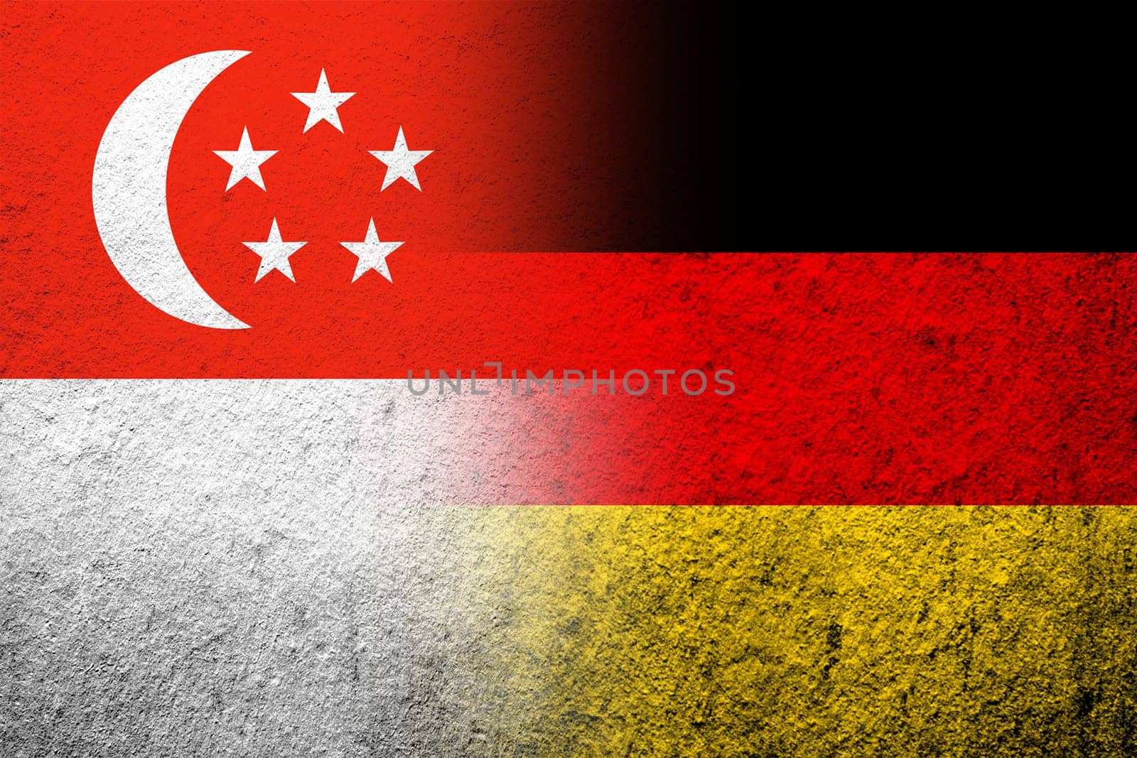 The national flag of Germany with the Republic of Singapore National flag. Grunge background