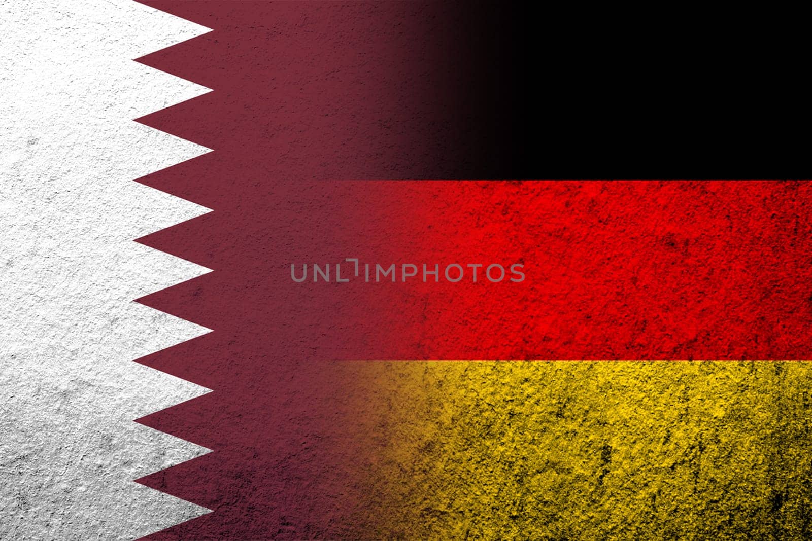 The national flag of Germany with The State of Qatar National flag. Grunge background