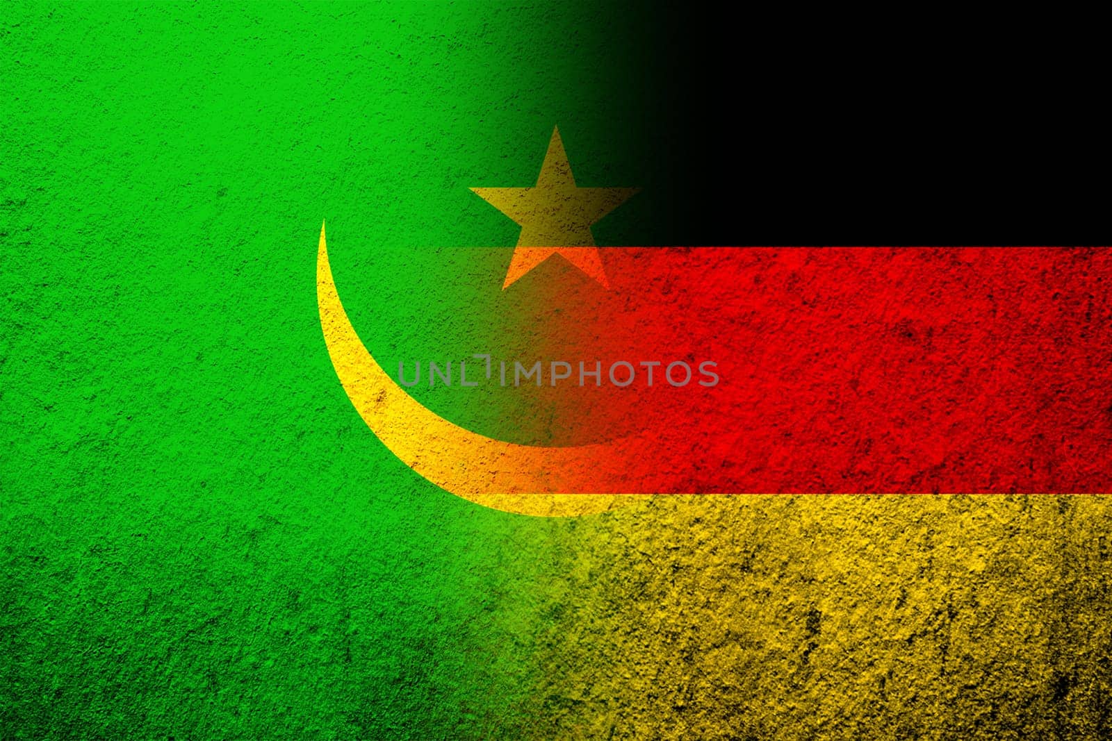The national flag of Germany with the Islamic Republic of Mauritania National flag. Grunge background
