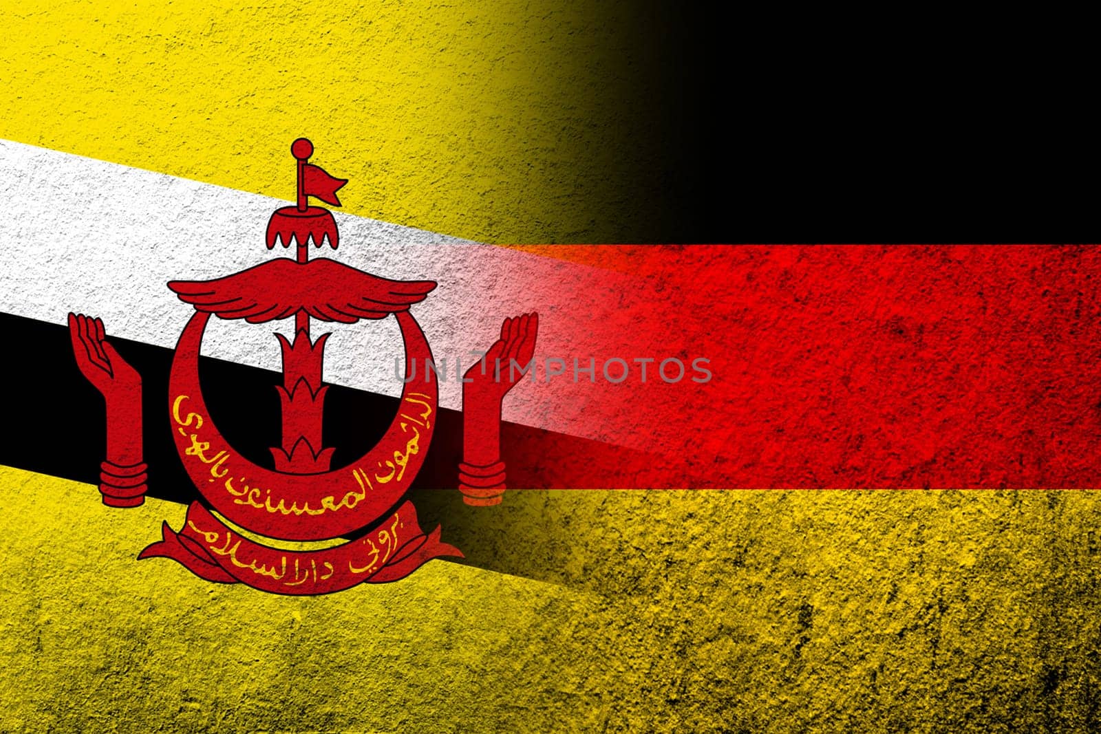 The national flag of Germany with the Nation of Brunei National flag. Grunge background