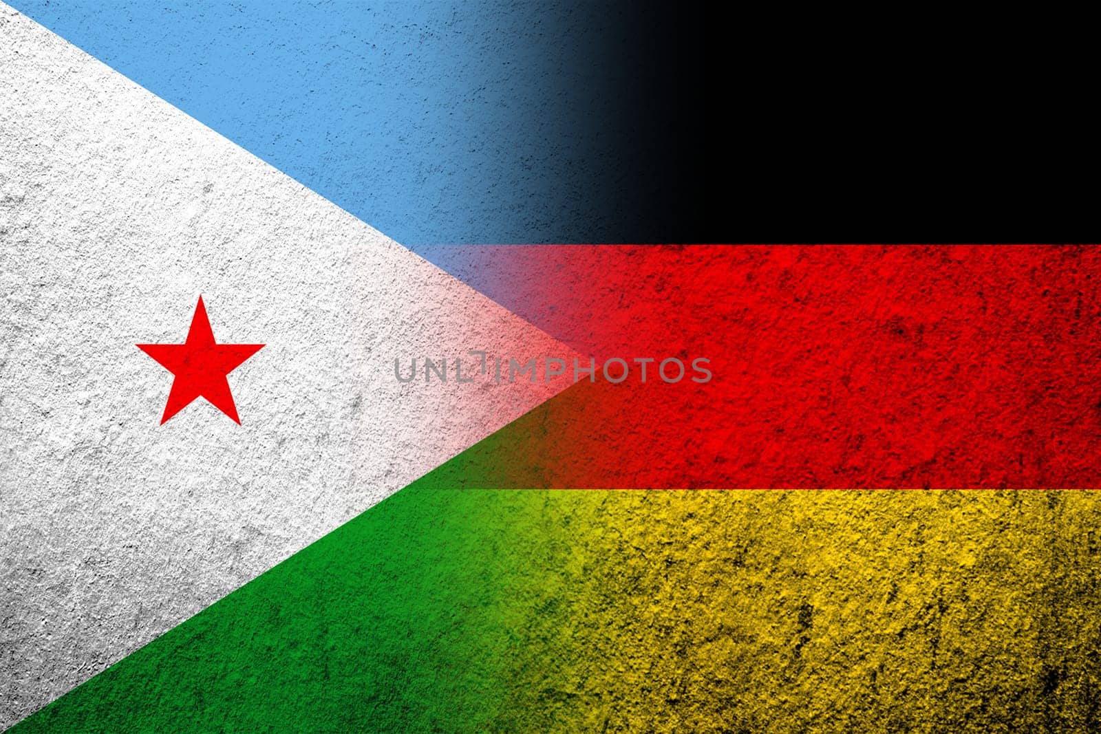 The national flag of Germany with the Republic of Djibouti National flag. Grunge background